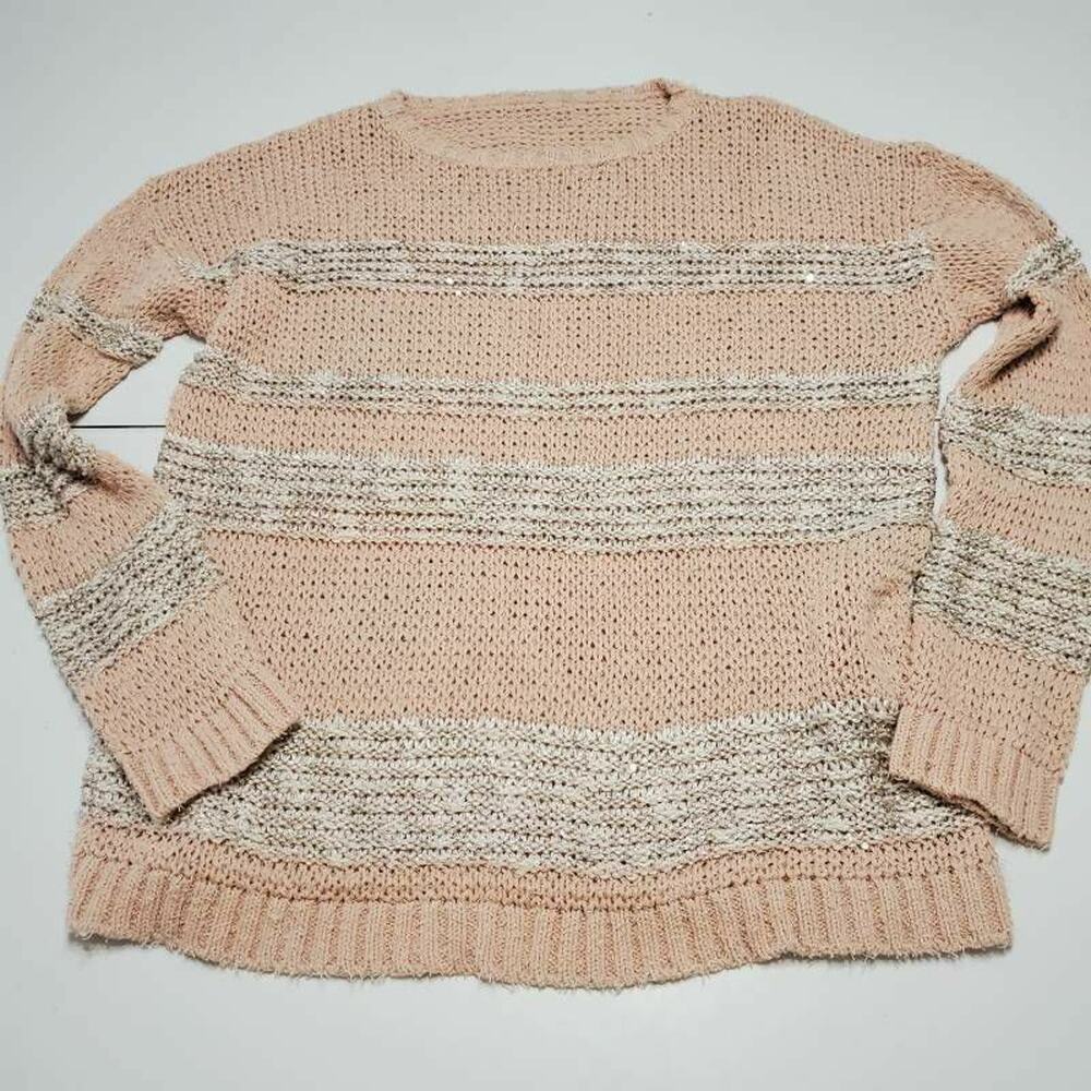 Chicos‎ Womens Pullover Sweater Pink Stripe Long Sleeve Ribbed Scoop Neck M/8 1